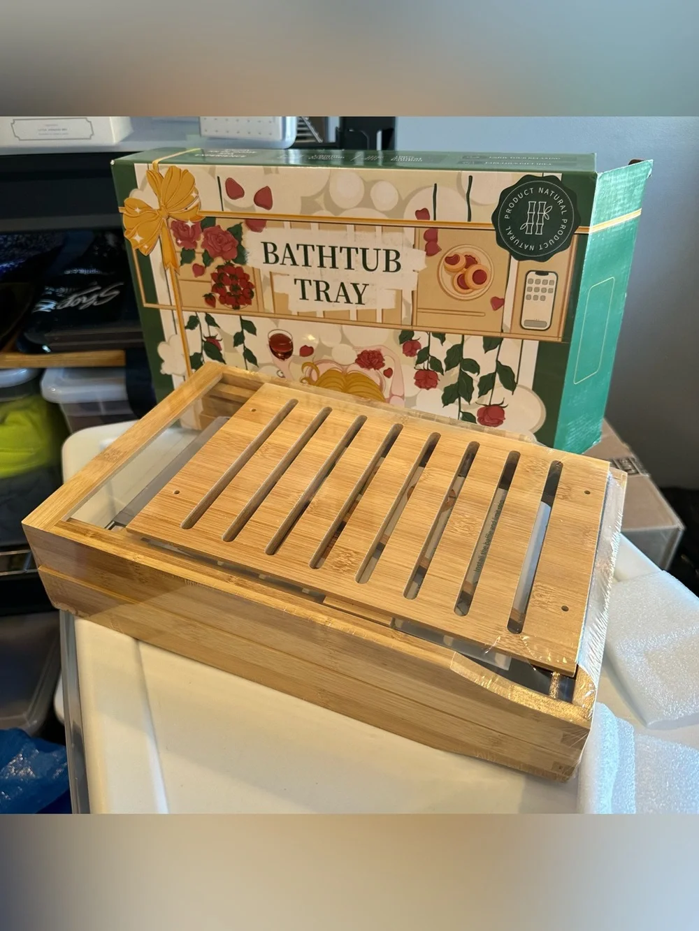 Bamboo Bathtub Tray - Expandable Caddy with Book, Tablet & Wine Glass Holder